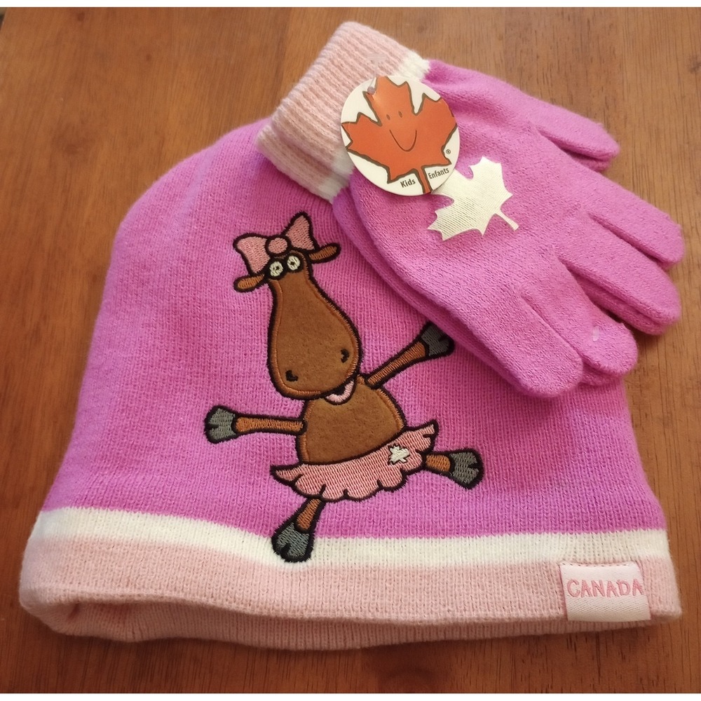 Canada 2-PC Stone Age Kids Beanie Knitted Moose Pink Hat & Gloves Set Girls NWT